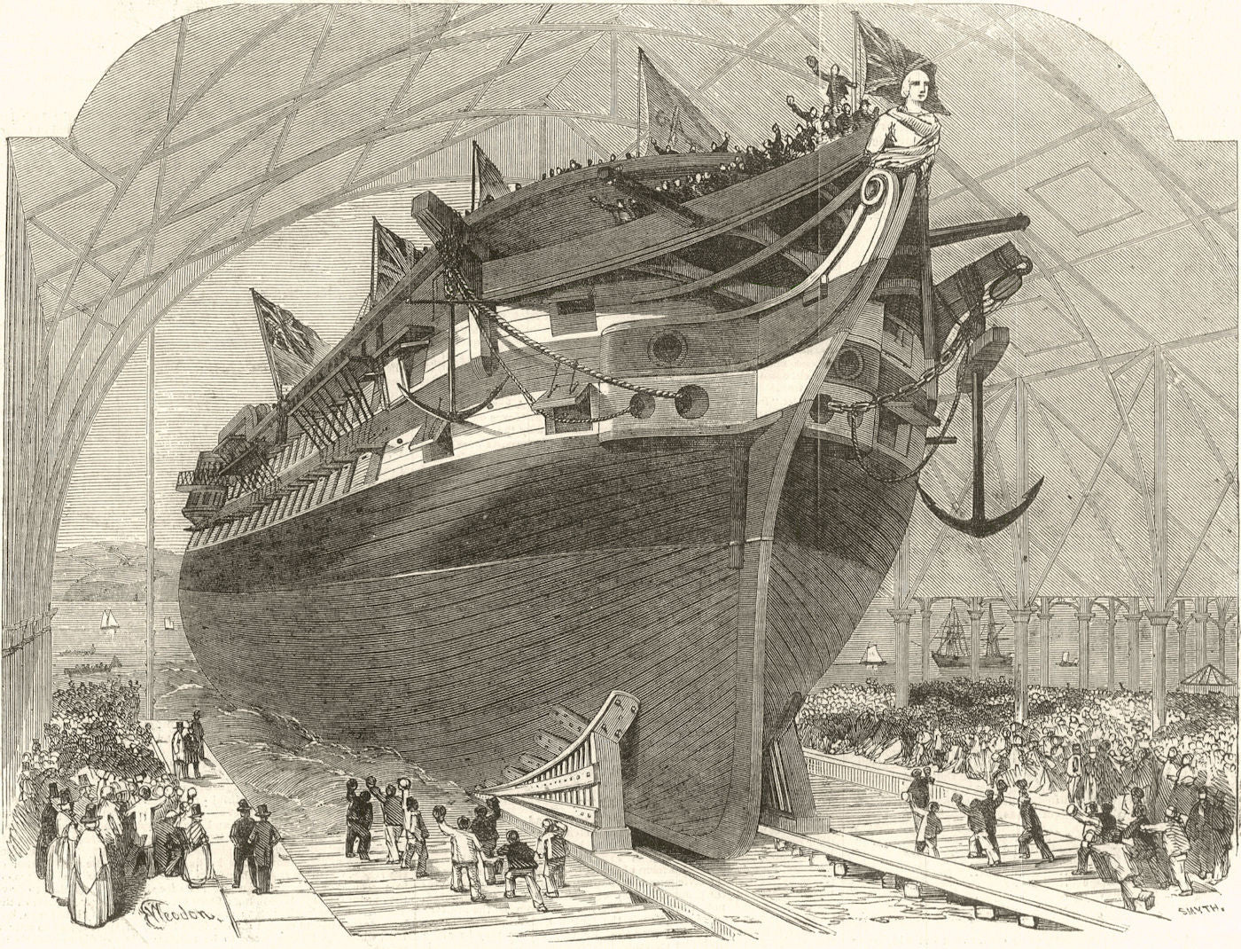 Launch of HMS James Watt, Royal Dockyard, Pembroke. Wales 1853 old print